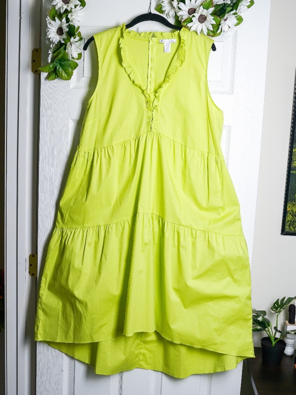 Lime Green Midi Dress Cotton Tiered Skirt Ruffles V Neck Chartreuse Plus size 16